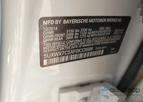 2015 BMW X3 xDrive35I z USA, uszkodzony, nr VIN 5UXWX7C5XF0K33686